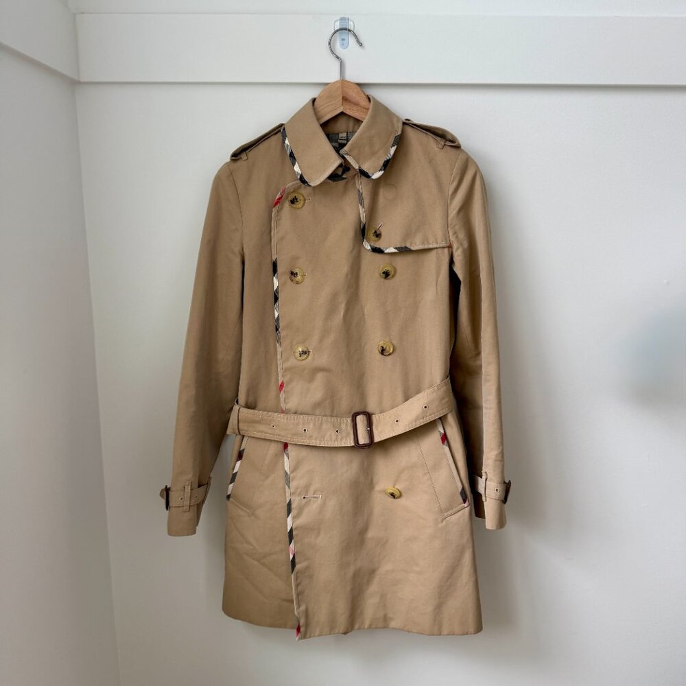 Burberry London Rare Nova Check Piped Edging Chelsea Trench Coat Size UK8